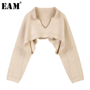 [EAM] Apricot Brief Big Size Short Knitting Sweater Loose Fit V-Neck Long Sleeve Women Pullovers New Fashion Spring 2020 1S363