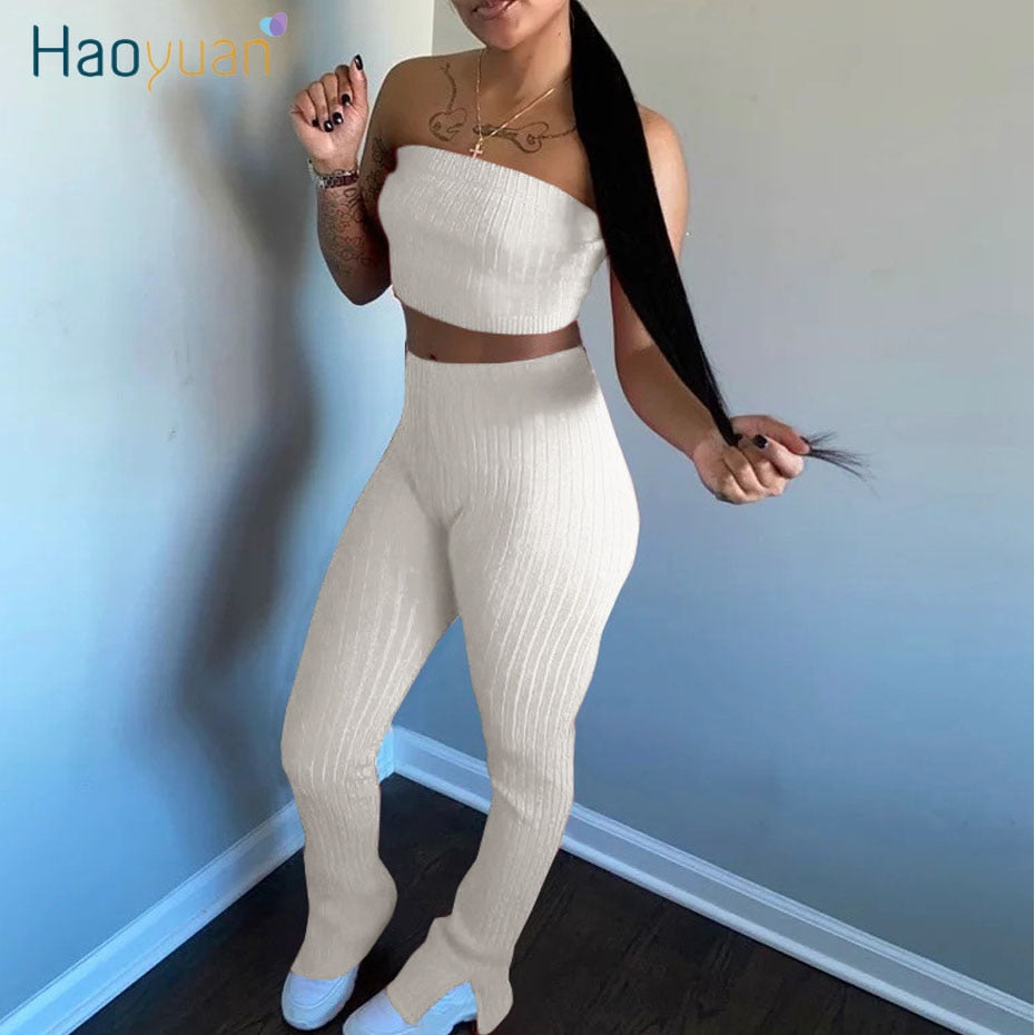 HAOYUAN Sexy Knit Two Piece Set Summer Clothes for Women Crop Top and Split Flare Pant Suit 2 Piece Club Outfits Matching Sets