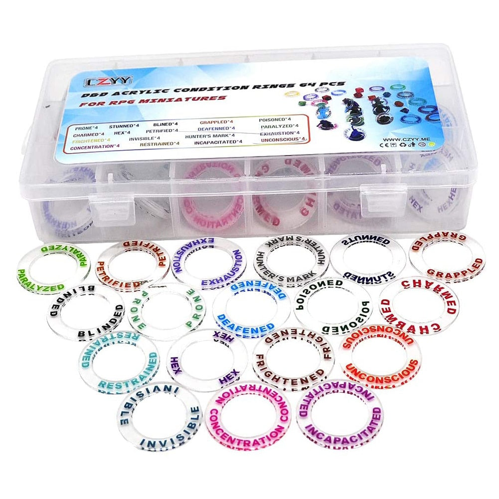 D&D Acrylic Condition Rings 72 PCS Status Effect Markers Box Great DM Tool for Dungeons & Dragons, Pathfinder and RPG Miniatures