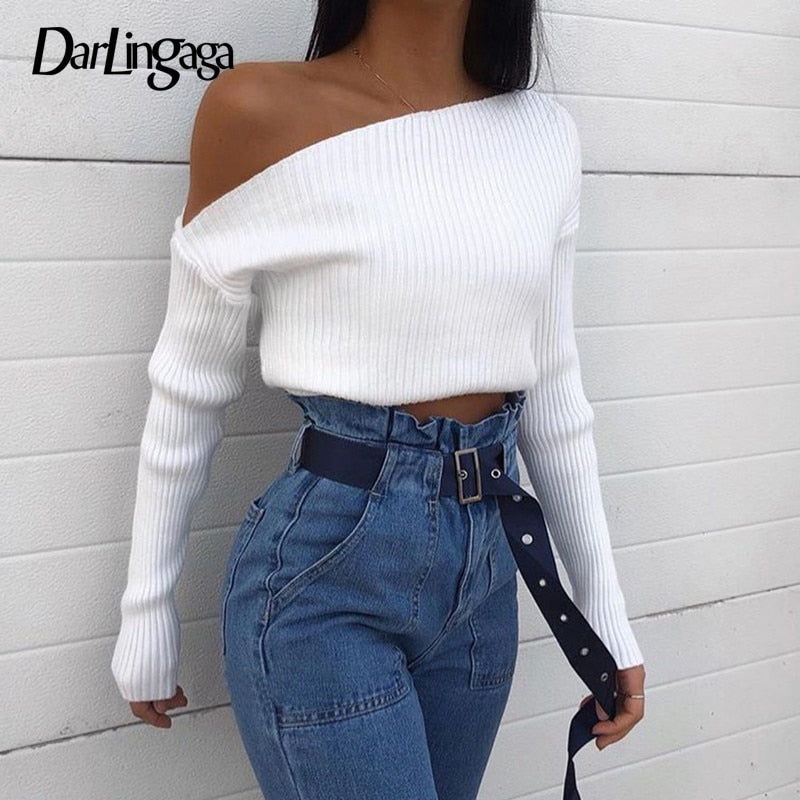 Darlingaga Oblique Collar Sexy Knitted Sweater Women Asymmetrical Pullovers One Shoulder Fashion Autumn Winter Sweaters Cropped