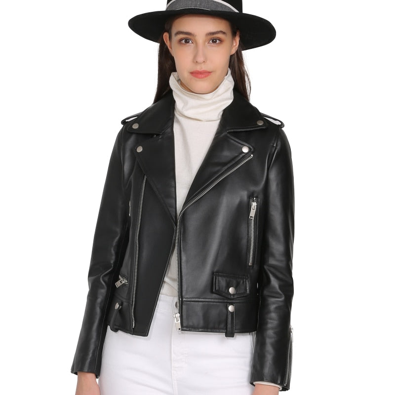 Spring Genuine Leather Jacket Women 2019 Fashion Real Sheepskin Coat Rivet Motorcycle Biker Jacket Female Sheep Leather Coat