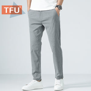 TFU 2020 Spring New Men's Slim Casual Pants Fashion Business Stretch Trousers Male Summer Brand Plaid Zipper Pants Joggers Men