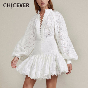 CHICEVER Sexy Hollow out Shirt Skirt Two Piece Sets Female Lantern Sleeve Blouse Tops Women High Waist Patchwork Lace Skirt Suit