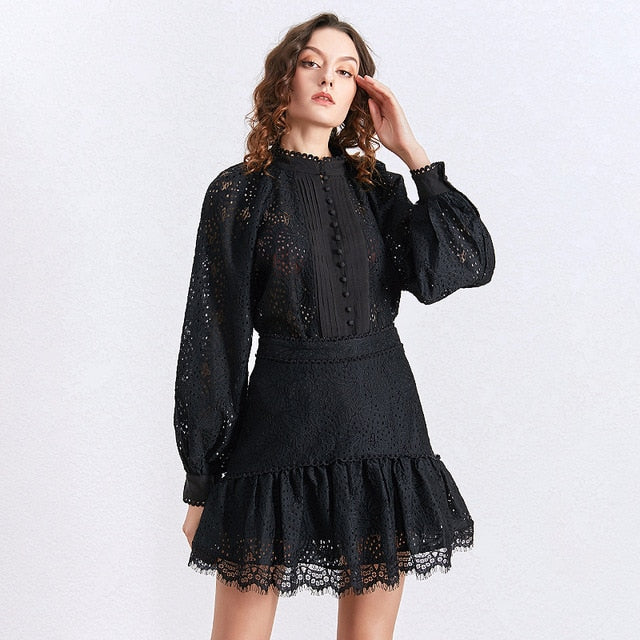 CHICEVER Sexy Hollow out Shirt Skirt Two Piece Sets Female Lantern Sleeve Blouse Tops Women High Waist Patchwork Lace Skirt Suit