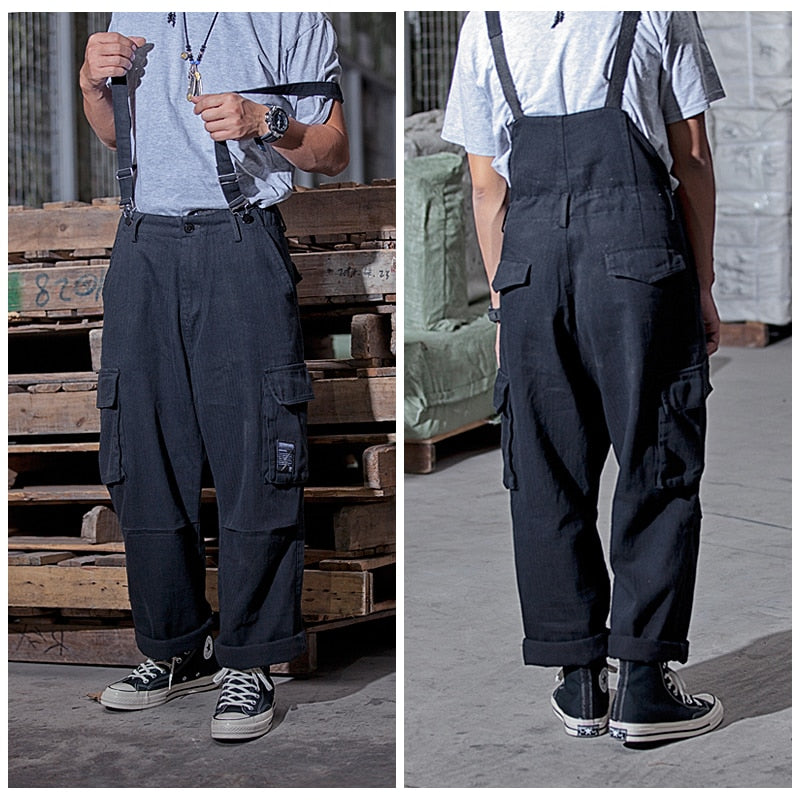 Suspenders Trousers Mens Streetwear Overalls Multi-pocket Work Cargo Pants Casual Wide-legged Baggy Pant Men