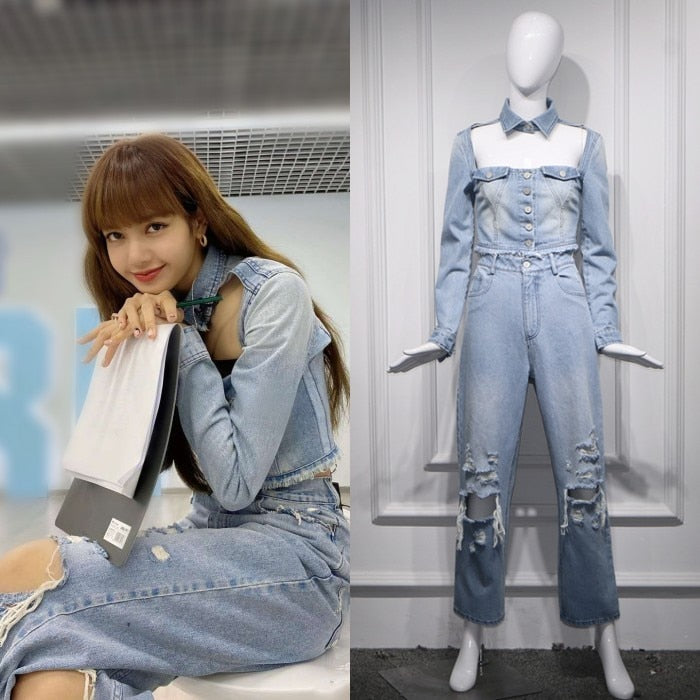 kpop Blackpink LISA 2020 korean Light blue slim hollow denim short jacket coat+ fashion loose Straight jeans women Two-piece set