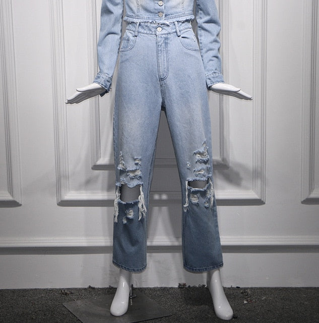 kpop Blackpink LISA 2020 korean Light blue slim hollow denim short jacket coat+ fashion loose Straight jeans women Two-piece set