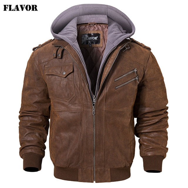 Men's Real Leather Jacket Men Motorcycle Removable Hood winter coat Men Warm Genuine Leather Jackets