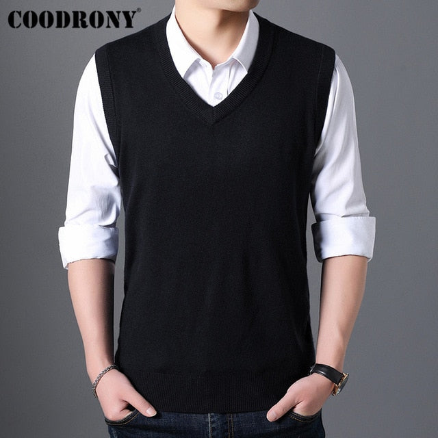 COODRONY Sweater Men Autumn Winter Warm Cashmere Woolen Mens Sweaters Classic Pure Color V-Neck Sleeveless Vest Pull Homme 91020