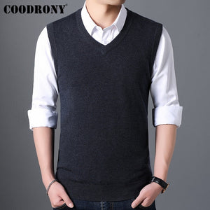 COODRONY Sweater Men Autumn Winter Warm Cashmere Woolen Mens Sweaters Classic Pure Color V-Neck Sleeveless Vest Pull Homme 91020