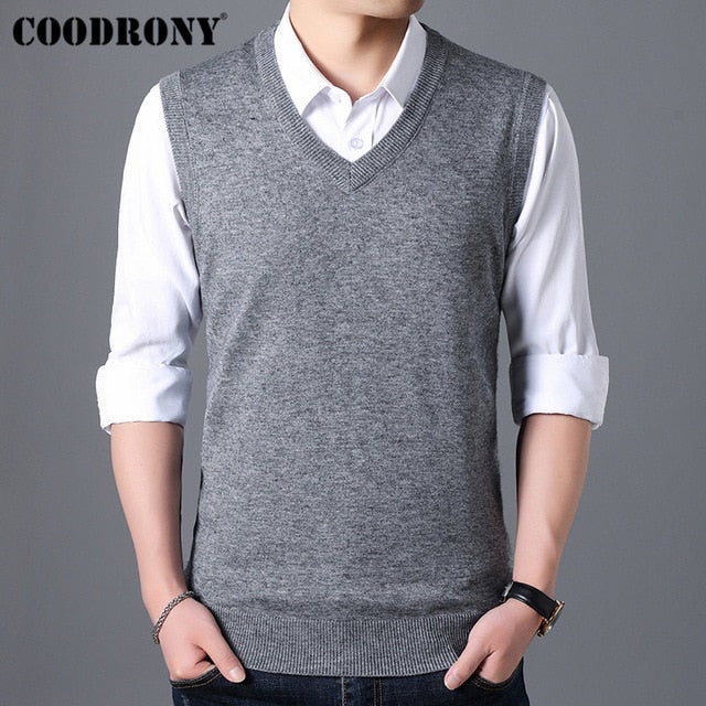 COODRONY Sweater Men Autumn Winter Warm Cashmere Woolen Mens Sweaters Classic Pure Color V-Neck Sleeveless Vest Pull Homme 91020