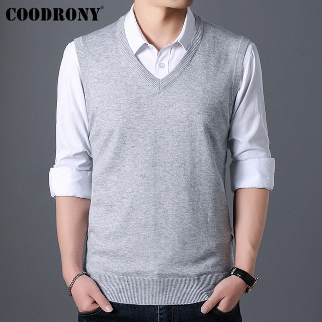 COODRONY Sweater Men Autumn Winter Warm Cashmere Woolen Mens Sweaters Classic Pure Color V-Neck Sleeveless Vest Pull Homme 91020