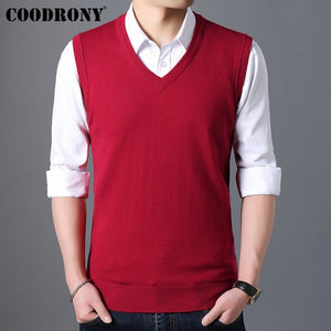 COODRONY Sweater Men Autumn Winter Warm Cashmere Woolen Mens Sweaters Classic Pure Color V-Neck Sleeveless Vest Pull Homme 91020