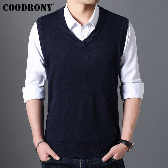 COODRONY Sweater Men Autumn Winter Warm Cashmere Woolen Mens Sweaters Classic Pure Color V-Neck Sleeveless Vest Pull Homme 91020