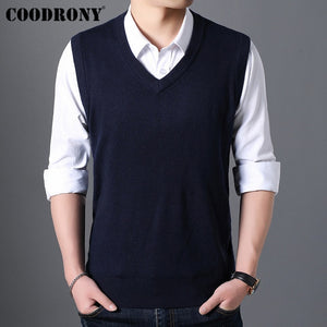 COODRONY Sweater Men Autumn Winter Warm Cashmere Woolen Mens Sweaters Classic Pure Color V-Neck Sleeveless Vest Pull Homme 91020