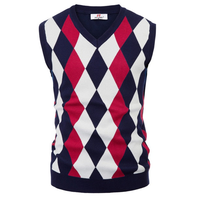 PAUL JONES Men's Knitwear Classic V-Neck Argyle Sweater Vest Slim Fit Sleeveless Knitted Gilet Contrast Color Jumper Vest PJ0165