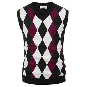 PAUL JONES Men's Knitwear Classic V-Neck Argyle Sweater Vest Slim Fit Sleeveless Knitted Gilet Contrast Color Jumper Vest PJ0165