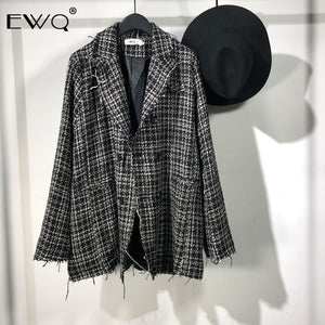 EWQ / Men's Clothing 2019 Spring New Causl Coat Black Gray Plaid Loose Blazers Personality Double Breasted Jacket Tide 9Y38301