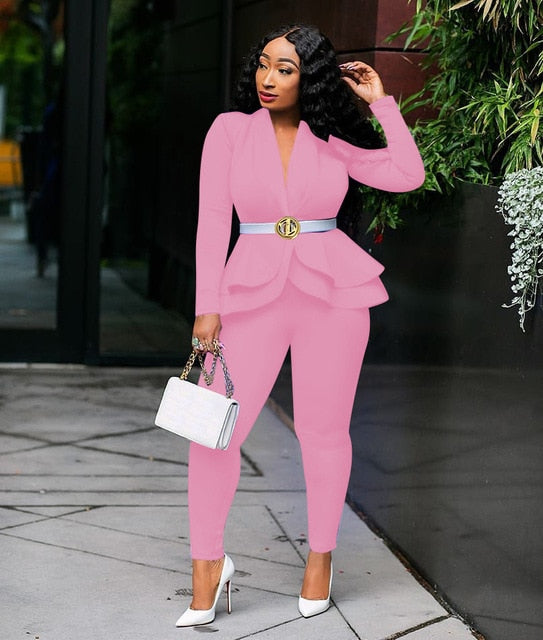 New Women Winter Women's Set Tracksuit Full Sleeve Ruffles Blazers Pencil Pants Suit Two Piece Set Office Lady Outfits Uniform