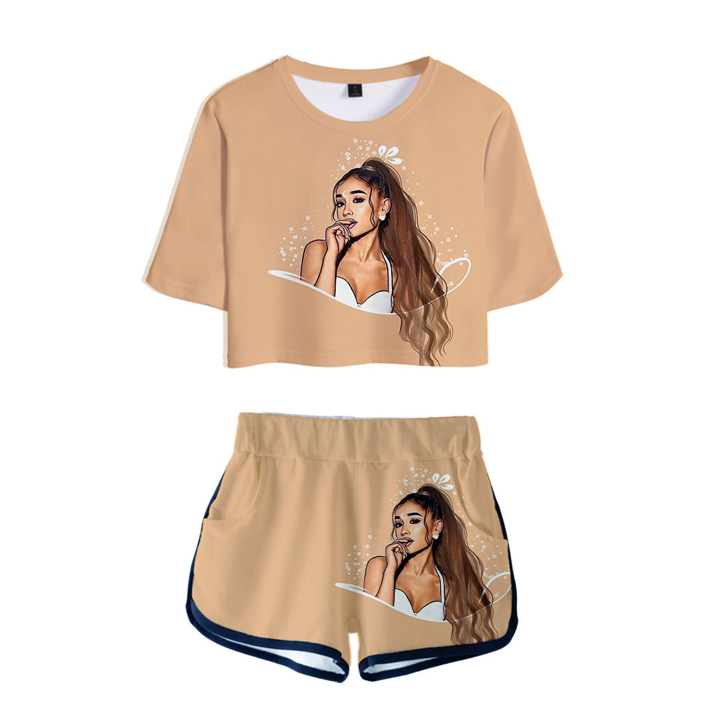 Hot summer Ariana Grande 3D Exposed Navel t shirt+shorts women's two-piece Casual 3D Print Ariana Grande girl's two-piece sets