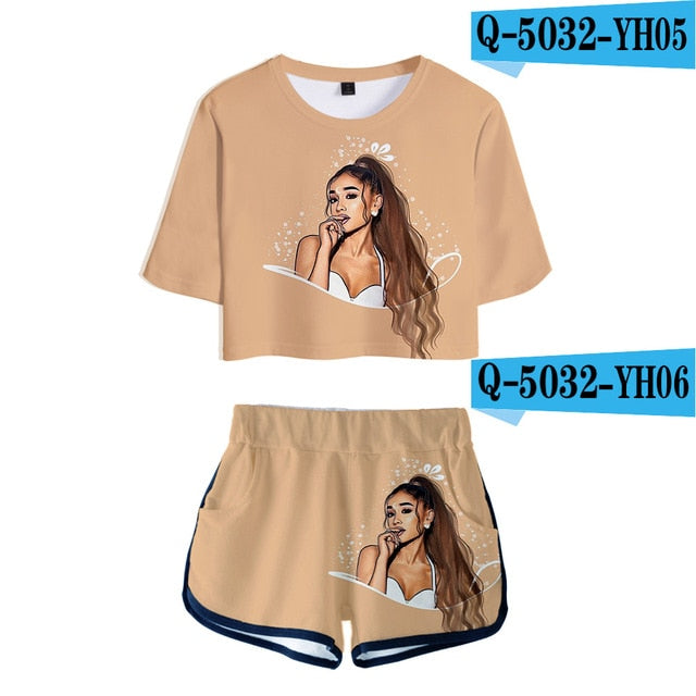 Hot summer Ariana Grande 3D Exposed Navel t shirt+shorts women's two-piece Casual 3D Print Ariana Grande girl's two-piece sets