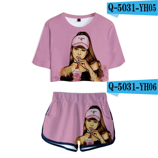 Hot summer Ariana Grande 3D Exposed Navel t shirt+shorts women's two-piece Casual 3D Print Ariana Grande girl's two-piece sets