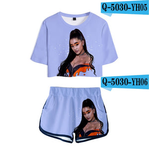 Hot summer Ariana Grande 3D Exposed Navel t shirt+shorts women's two-piece Casual 3D Print Ariana Grande girl's two-piece sets