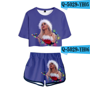 Hot summer Ariana Grande 3D Exposed Navel t shirt+shorts women's two-piece Casual 3D Print Ariana Grande girl's two-piece sets