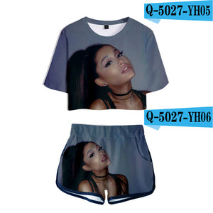 Hot summer Ariana Grande 3D Exposed Navel t shirt+shorts women's two-piece Casual 3D Print Ariana Grande girl's two-piece sets