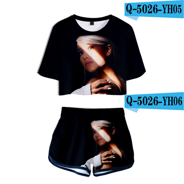 Hot summer Ariana Grande 3D Exposed Navel t shirt+shorts women's two-piece Casual 3D Print Ariana Grande girl's two-piece sets