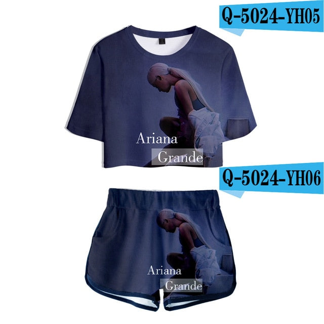 Hot summer Ariana Grande 3D Exposed Navel t shirt+shorts women's two-piece Casual 3D Print Ariana Grande girl's two-piece sets