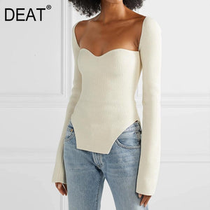 DEAT 2020 new spring and summer fashion women clothes cashmere sqaure collar full sleeves elasitc high waist sexy pullover WK080