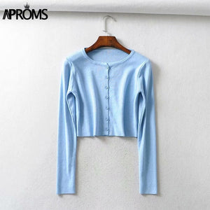 Aproms couleur bonbon côtelé tricoté Cardigan femmes automne hiver à manches longues basique recadrée chandails femme décontracté court pull-over