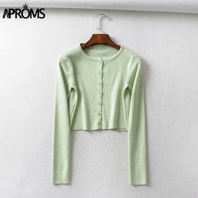 Aproms couleur bonbon côtelé tricoté Cardigan femmes automne hiver à manches longues basique recadrée chandails femme décontracté court pull-over