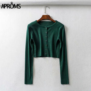 Aproms couleur bonbon côtelé tricoté Cardigan femmes automne hiver à manches longues basique recadrée chandails femme décontracté court pull-over