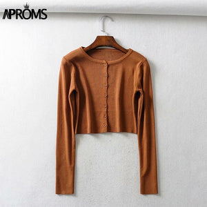 Aproms couleur bonbon côtelé tricoté Cardigan femmes automne hiver à manches longues basique recadrée chandails femme décontracté court pull-over