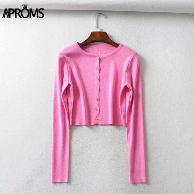 Aproms couleur bonbon côtelé tricoté Cardigan femmes automne hiver à manches longues basique recadrée chandails femme décontracté court pull-over