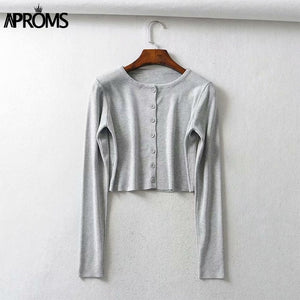 Aproms couleur bonbon côtelé tricoté Cardigan femmes automne hiver à manches longues basique recadrée chandails femme décontracté court pull-over