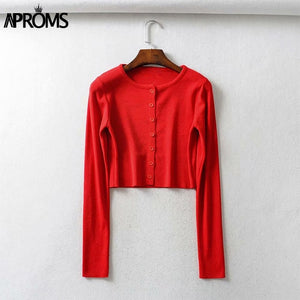 Aproms couleur bonbon côtelé tricoté Cardigan femmes automne hiver à manches longues basique recadrée chandails femme décontracté court pull-over