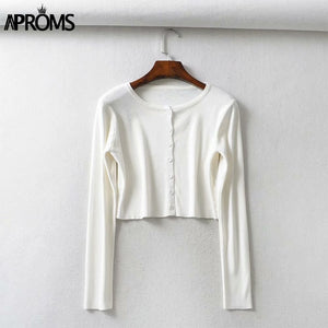 Aproms couleur bonbon côtelé tricoté Cardigan femmes automne hiver à manches longues basique recadrée chandails femme décontracté court pull-over