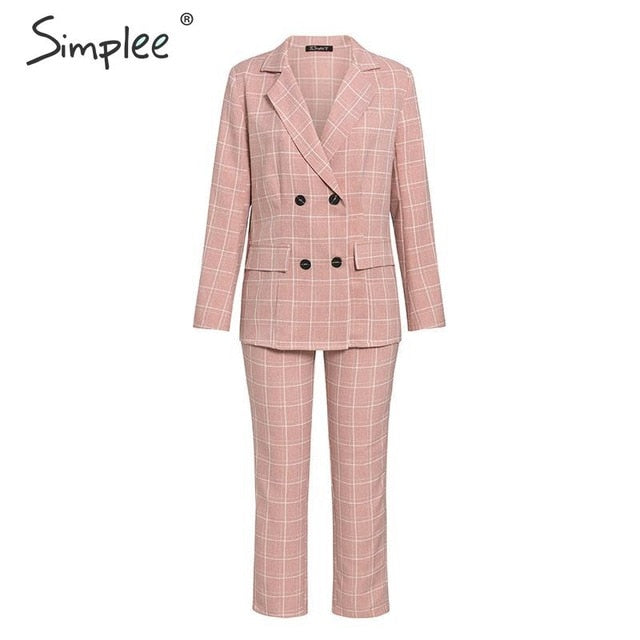 Simplee Fashion plaid women blazer suits Long sleeve double breasted blazer pants set Pink office ladies two-piece blazer sets