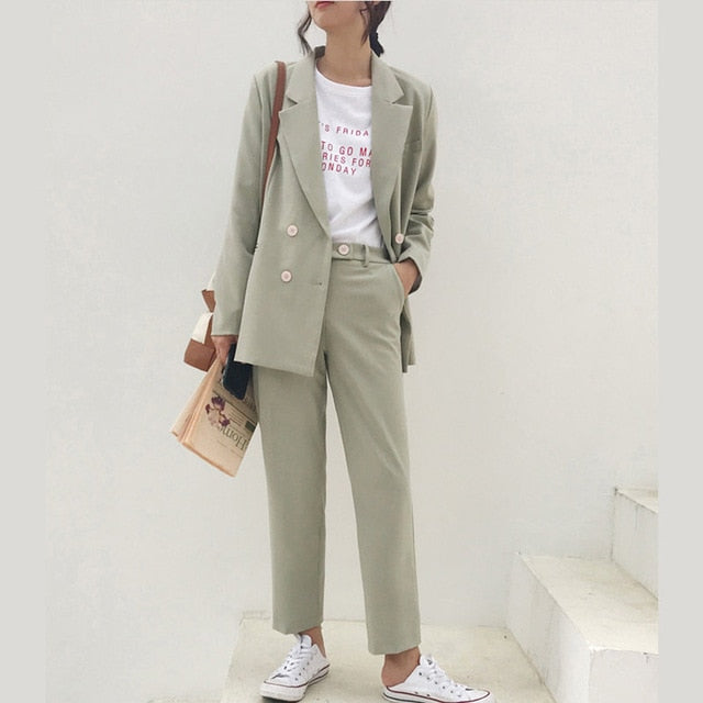 Vintage Autumn Winter Thicken Women Pant Suit Light Green Notched Blazer Jacket & Pant 2019 Office Wear Women Suits Female Sets