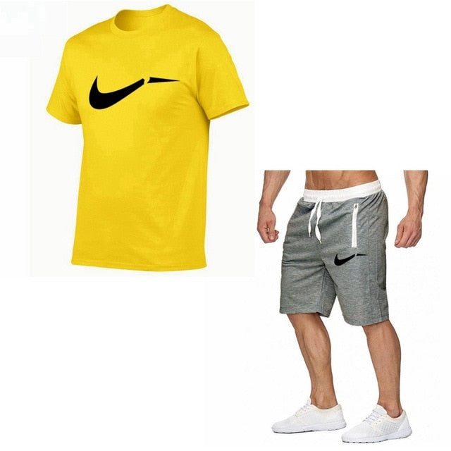 Fato de treino masculino de algodão masculino conjunto curto de verão homens tamanho da europa topos + shorts conjuntos de treino masculino wear casaul fino ajuste casual terno