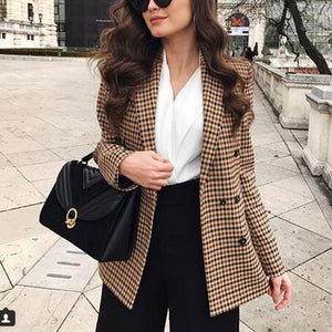 Mode automne femmes Plaid Blazers et vestes travail bureau dame costume mince Double boutonnage affaires femme Blazer manteau Talever