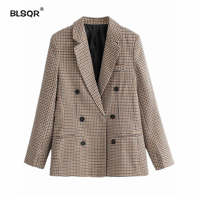 Mode automne femmes Plaid Blazers et vestes travail bureau dame costume mince Double boutonnage affaires femme Blazer manteau Talever