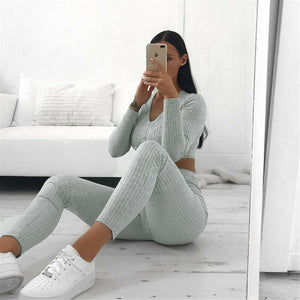 Women Knitted Lounge Wear Sets 2pcs Crop Top  Suit Ladies  Tracksuit Set Autumn Casual Streetwear Clubwear