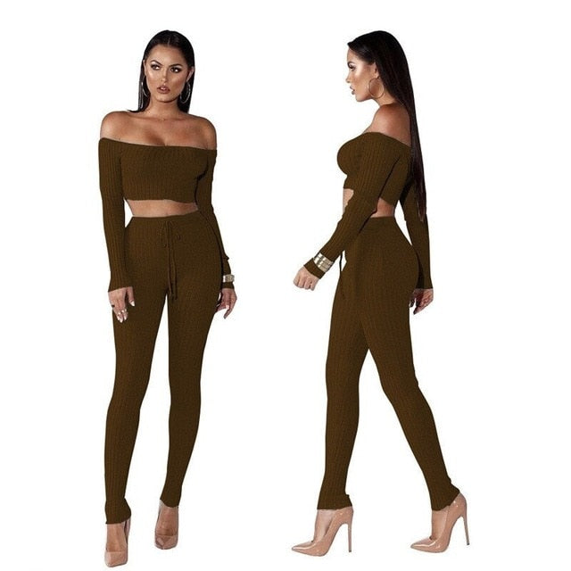 Women Knitted Lounge Wear Sets 2pcs Crop Top  Suit Ladies  Tracksuit Set Autumn Casual Streetwear Clubwear