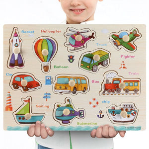 Nouveau 30cm bébé jouets Montessori en bois Puzzle main saisir conseil éducatif bois Puzzles pour enfants dessin animé Animal véhicule enfant cadeau