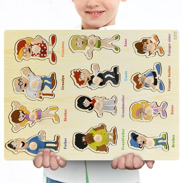 Nouveau 30cm bébé jouets Montessori en bois Puzzle main saisir conseil éducatif bois Puzzles pour enfants dessin animé Animal véhicule enfant cadeau