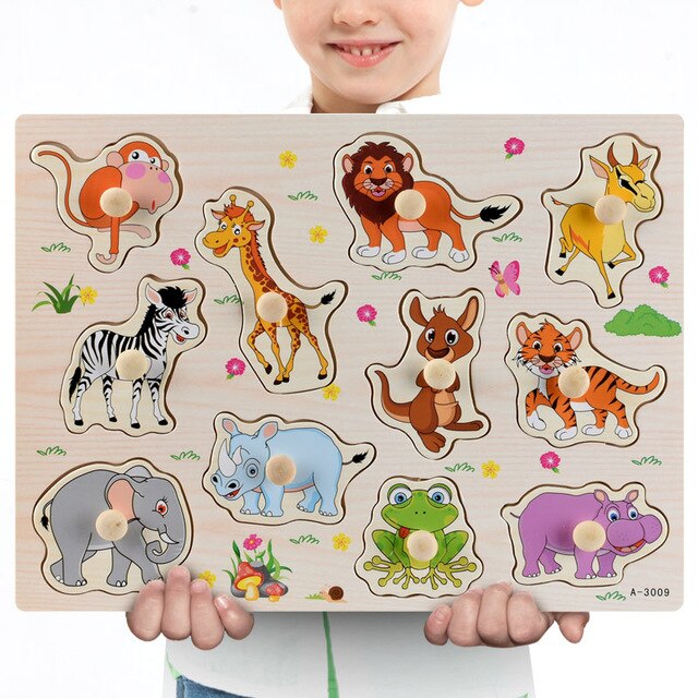 Nouveau 30cm bébé jouets Montessori en bois Puzzle main saisir conseil éducatif bois Puzzles pour enfants dessin animé Animal véhicule enfant cadeau